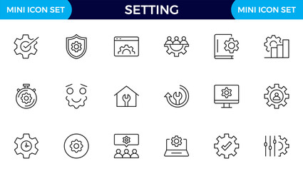 Settings, icon set. Containing options, configuration, preferences, adjustments, operation, gear, control panel, equalizer, management, optimization and productivity icons.