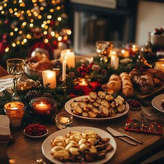 Naklejka premium Festive Christmas dinner table laden with roasted potatoes, bread, and other holiday treats.