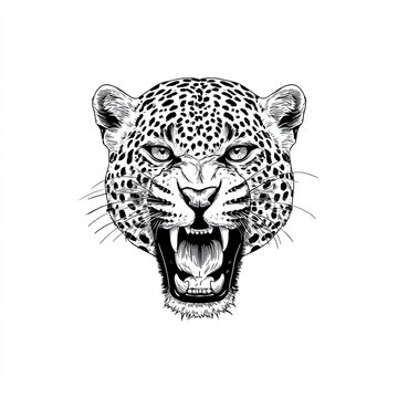 Detailed sketch engraving of roaring leopard head with sharp teeth, intense expression and spotted fur