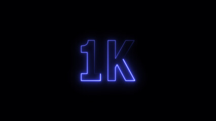 1 k Glowing neon line Letter Icon illustration. 1 k followers and subscribers on black background 4K illustration.