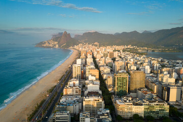 Aerial View of Ipanema and Leblon Beach and District With Mountains in the Horizon in Rio de Janeiro, Brazil