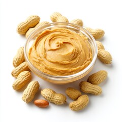 Bowl full of peanut butter isolated on white background