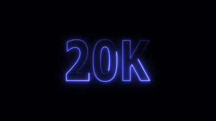 20 k Glowing neon line Letter Icon illustration. 20 k followers and subscribers on black background 4K illustration.