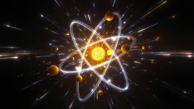Dynamic representation of an atom showcasing electrons orbiting a nucleus in space.