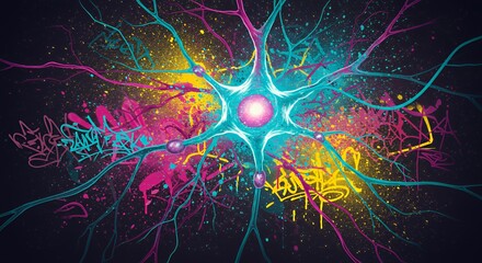 Synaptic Graffiti: A vibrant digital artwork depicting a neuron amidst a colorful explosion of graffiti, symbolizing the energetic intersection of art and neuroscience.