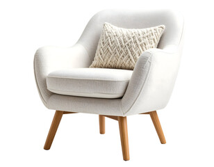 Elegant cream-colored armchair with wooden legs and a patterned throw pillow.