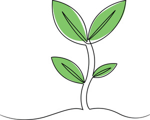Seeding young tree plants, continuous line art drawing. 