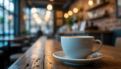 Close-up of a coffee cup on a rustic wooden table inside a stylish urban café, blurred background with hanging lights and brick wall