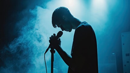 A person sings on stage in a dimly lit venue.  The performer is silhouetted against a backdrop of blue light and smoky haze