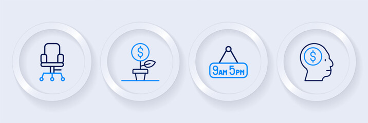 Set line Business man planning mind, From 9 to 5 job, Dollar plant and Office chair icon. Vector