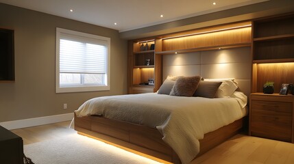 Modern bedroom with decorative lighting and custom built-ins