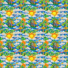 Bright Sun and Green Trees Pattern in Nature Style
