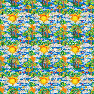 Bright Sun and Green Trees Pattern in Nature Style
