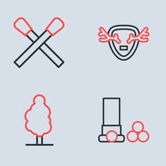 Set line Deer antlers on shield, Tree, Cartridges and Burning match with fire icon. Vector