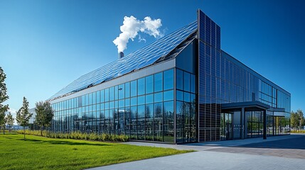 Obraz premium Sustainable Modern Building with Solar Panels and Industrial Setting