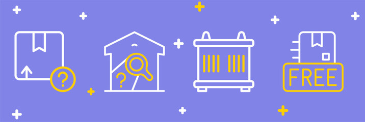 Set line Cardboard box with free symbol, Container, Warehouse check and Carton cardboard icon. Vector