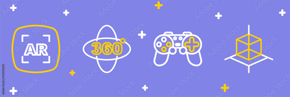 Poster set line 3d modeling, gamepad, 360 degree view and augmented reality ar icon. vector