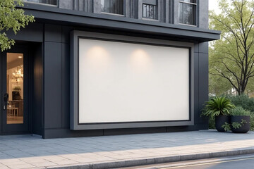 Blank billboard attached to a modern building with plants and sidewalk in outdoor setting