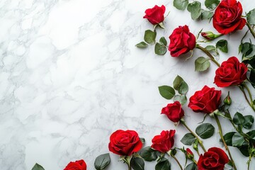 Red roses on marble background isolated on white background