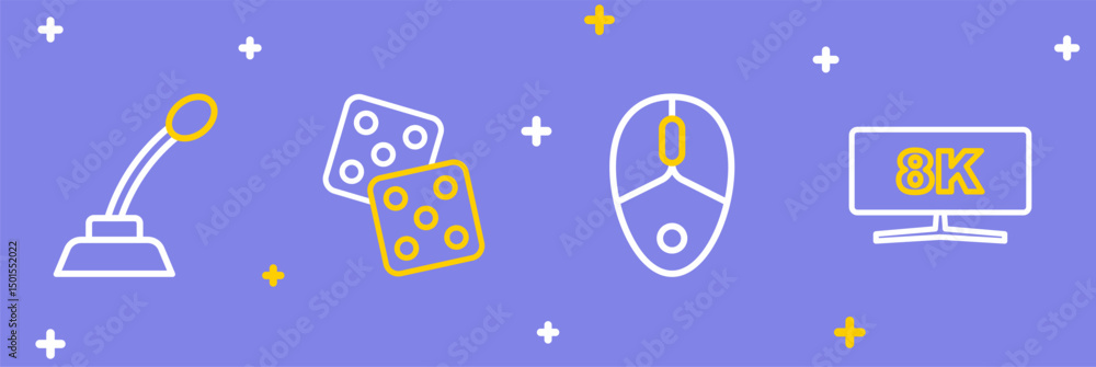 Poster set line computer monitor, mouse, game dice and microphone icon. vector