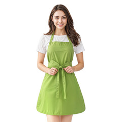 In a bright kitchen, a cheerful young woman stands wearing a vibrant green apron, radiating joy and readiness to cook. Her smile reflects her passion for home-cooked meals and culinary creativity.