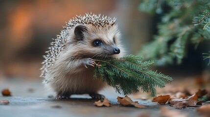 Fototapeta premium Hedgehog carrying a pine branch