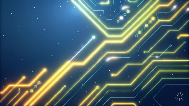 A futuristic digital background with a network of glowing cyan lines and nodes, resembling a circuit board or neural network, set against a deep blue starry sky.