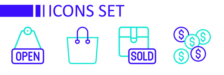 Set line Dollar symbol, Sold, Paper shopping bag and Hanging sign with text Open icon. Vector