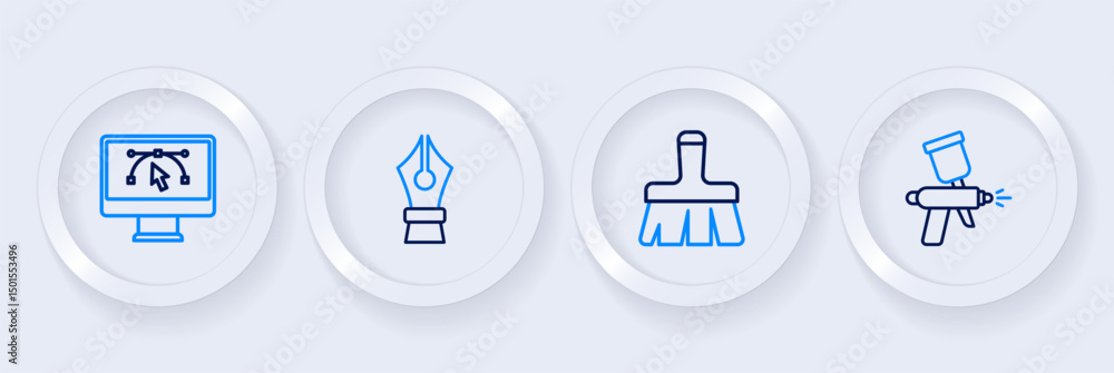 Aufkleber set line paint spray gun, brush, fountain pen nib and computer with design program icon. vector