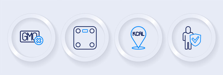 Set line Healthy lifestyle, Kcal, Bathroom scales and No GMO icon. Vector