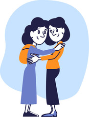 Emotional Hug Between Two Female Friends, Cartoon Style Illustration