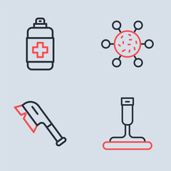 Set line Bacteria, Brush for cleaning, Rubber cleaner windows and Antibacterial soap icon. Vector