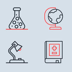 Set line Earth globe, Table lamp, Book with mathematics and Test tube icon. Vector