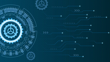 Futuristic Technology Background Digital Circuit Board with Blue HUD Interface. Abstract Gear Elements for AI Cybersecurity and Innovation Design.