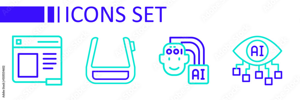 Poster set line computer vision, humanoid robot, smart glasses spectacles and browser window icon. vector