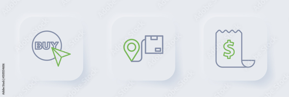 Poster set line paper check and financial check, location with cardboard box and buy button icon. vector