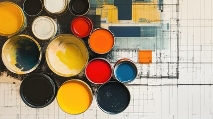 Paint cans and fan-style color palette spread on a construction blueprint background