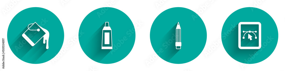 Aufkleber set paint bucket, tube with paint palette, pencil eraser and computer design program icon with long 