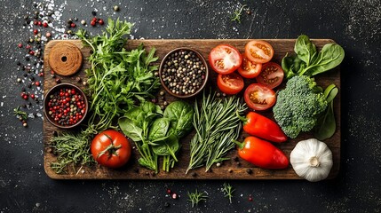 Fresh vegetables, herbs & spices on wooden board