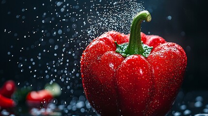 Vibrant red bell pepper, water droplets splashing