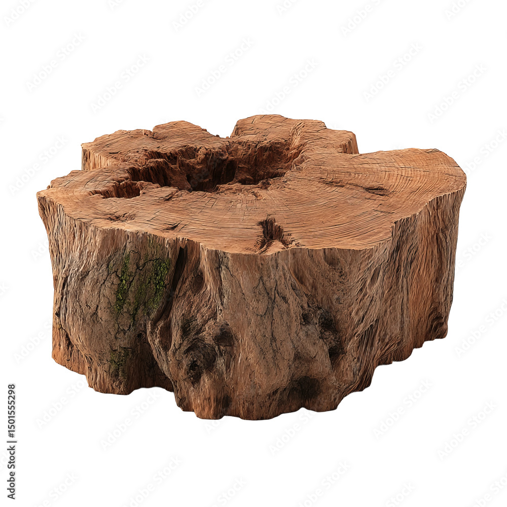 Poster a close-up shot of a tree stump, showing the details of its texture and form. the textured surface o