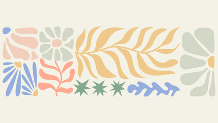 Horizontal border with ink doodle abstract flowers and leaves. Trendy tropical background. Hand drawn vector illustration. Boho, beach, jungle social media banner, card template.