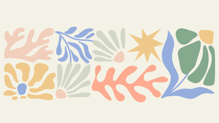 Fototapeta premium Horizontal border with ink doodle abstract flowers and leaves. Trendy tropical background. Hand drawn vector illustration. Boho, beach, jungle social media banner, card template.
