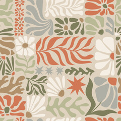 Seamless pattern with ink doodle abstract flowers and leaves. Trendy tropical background. Hand drawn vector illustration. Boho, beach, jungle wallpaper.