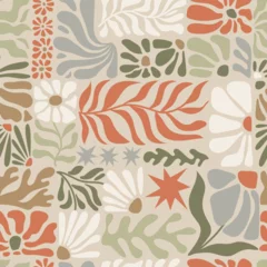 Fotobehang Stijlen patronen Seamless pattern with ink doodle abstract flowers and leaves. Trendy tropical background. Hand drawn vector illustration. Boho, beach, jungle wallpaper.  © Radiocat