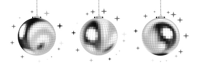 Pixelated halftone disco balls with sparkles on white background in retro monochrome style