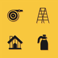 Set Garden hose, sprayer for water, Farm house and Wooden staircase icon with long shadow. Vector