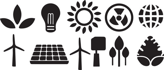 Eco Energy & Nature Icons in Flat Black Style