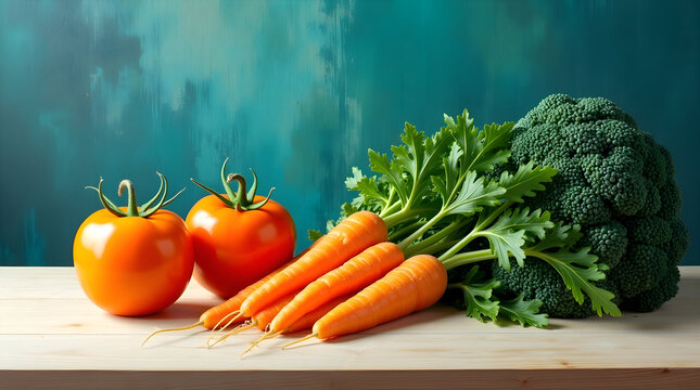 Nutrient-rich vegetable layout with broccoli carrots tomatoes on wooden surface great for meal prep guides or vegan content