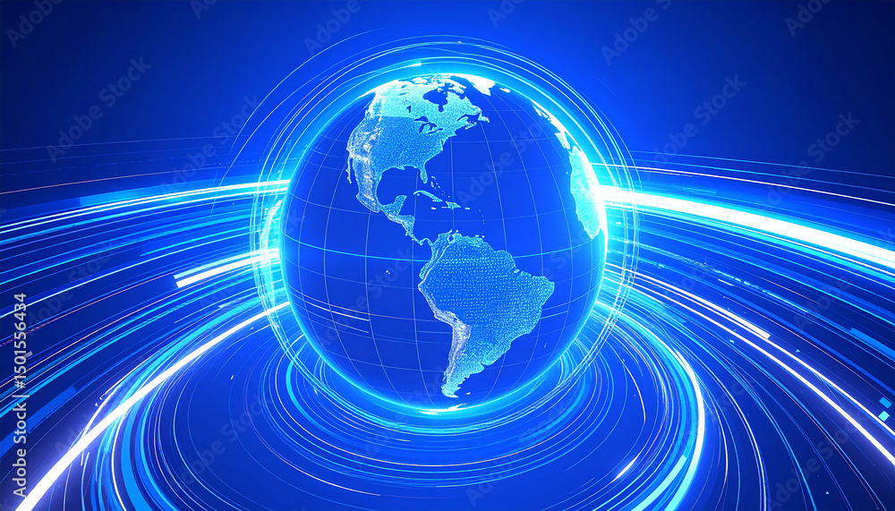 Poster global network in motion: a luminous depiction of the earth, interwoven with dynamic trails of light